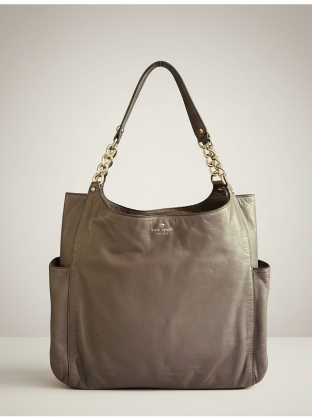 ✨ Kate Spade Taupe Pebbled Leather Chain Tote Large Neutral Shoulder Bag